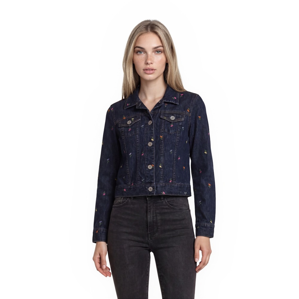 Liz Claiborne Denim Blue Jean Jacket Women's Size PM Floral Embroidered Vintage